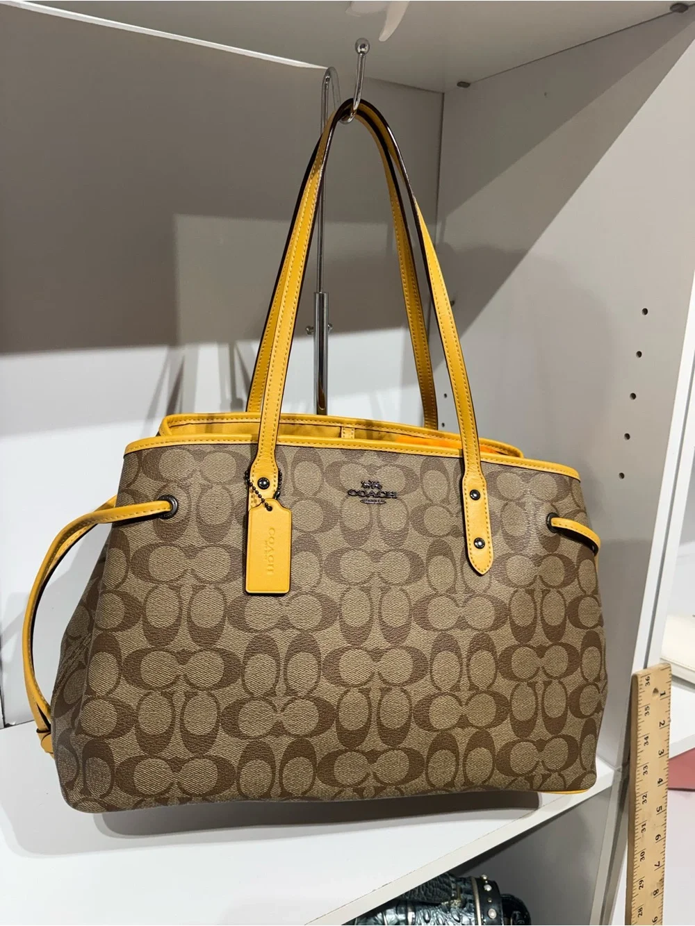 Coach Beige Signature Canvas Satchel with Yellow Trim